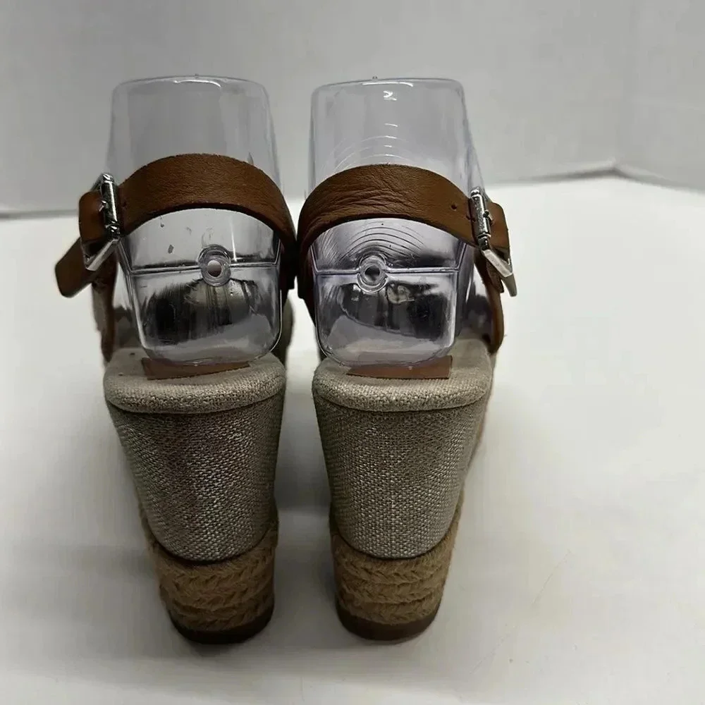 Tory Burch Mya Espadrille Wedge Heels Pump Peep Toe Slingback Brown Sparkle 7